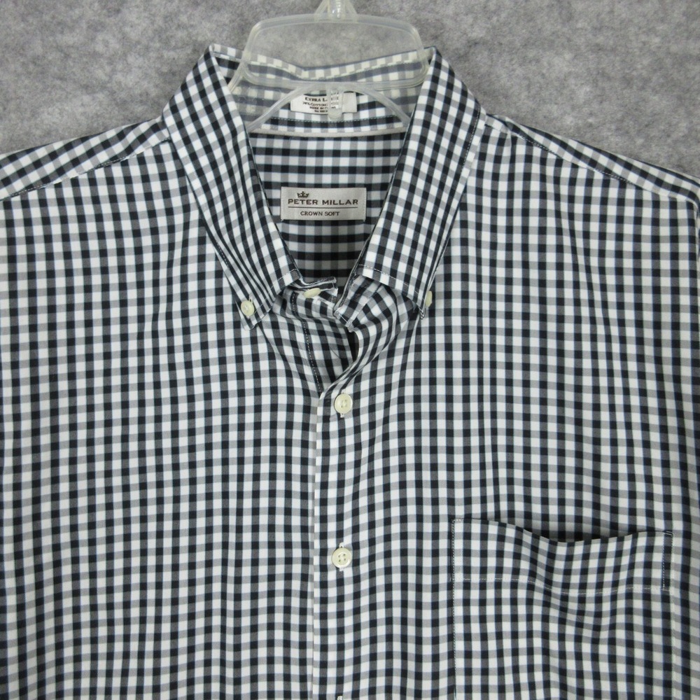 Peter Milar Shirt Mens XL Black Gingham Check Crown Soft Silk Blend‎ Button Down
